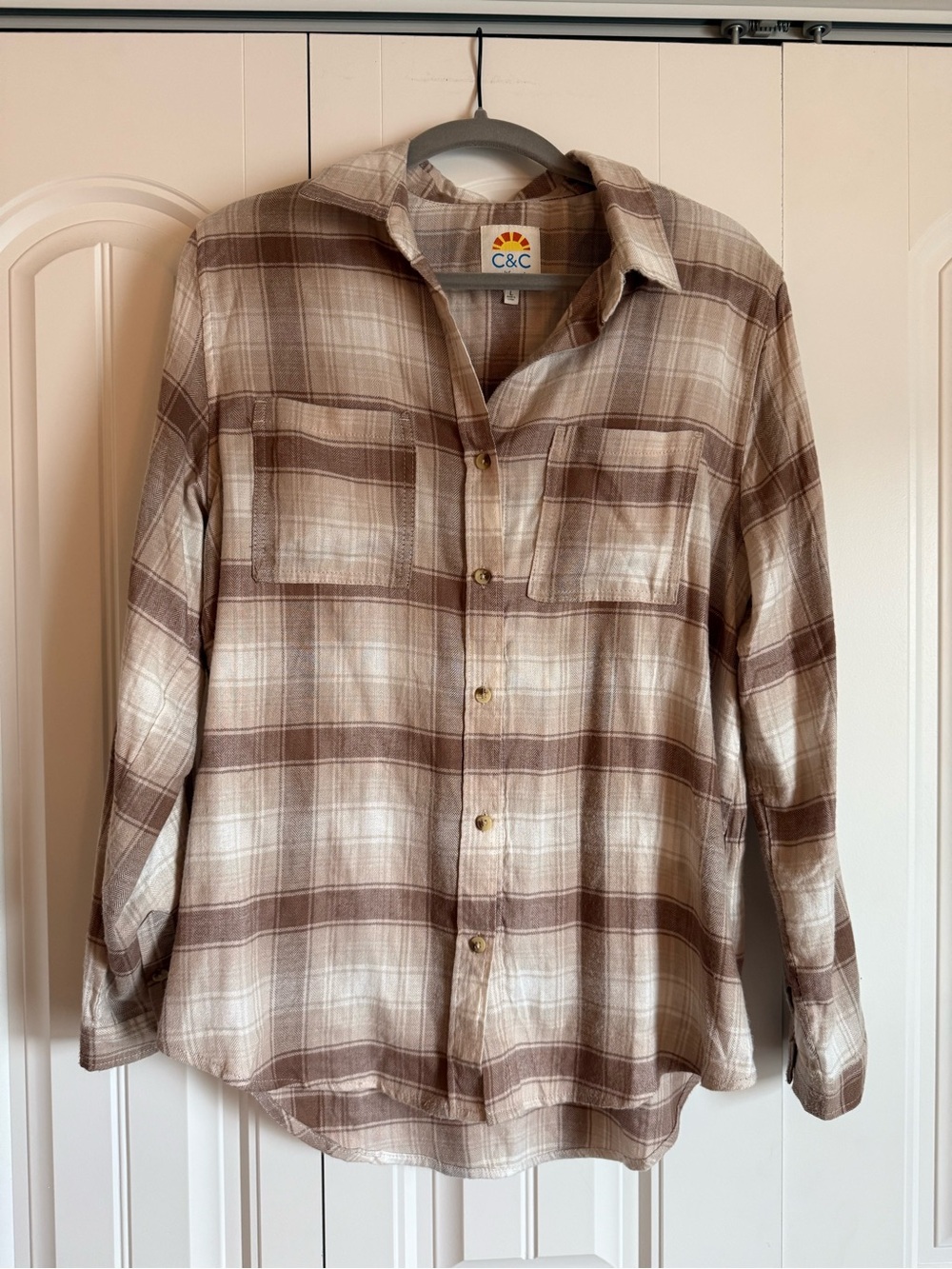 C&C California Women’s Brown & Cream Plaid Button-Down Shirt